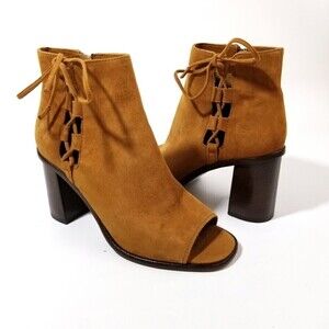 Frye Amy Nutmeg Side Ghillie Ankle Peep Toe Booties Lace Up Heel Boho 7.5 Tan